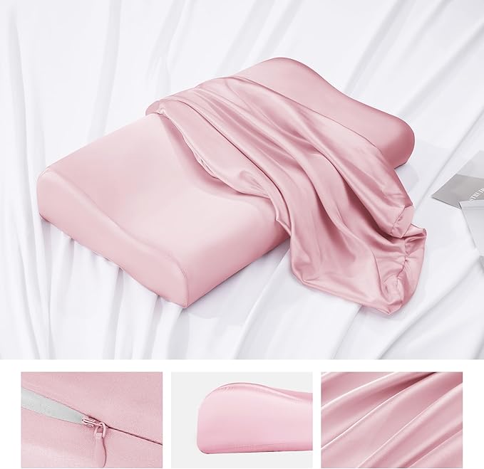 HOMBYS Satin Pillow Case for Contoured Support Pillow (DO NOT Include Pillow) -Zippered Pillow Cover for Neck Pillow for Cervical 1 Pack-Silky, Smooth and Breathable, Standard