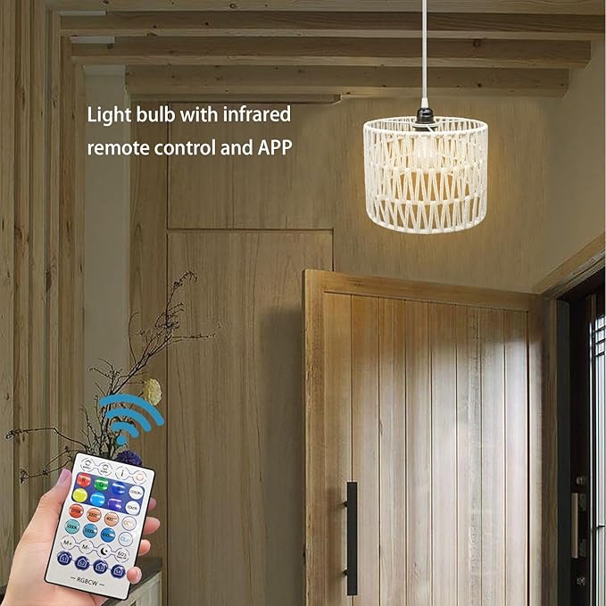 Hanging Lamp Plug in Rattan Hanging Lights with Plug in Cord, Woven Pendant Light with Smart RGB Bulb and Remote Control for Bedroom Living Room Farmhouse Kitchen (White, Barrel Shade)
