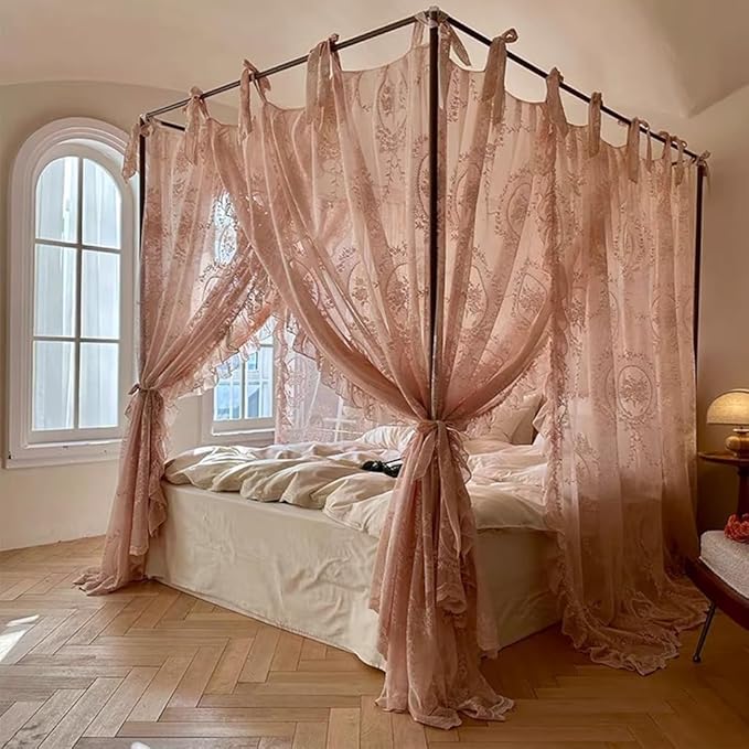 Elegant Lace Princess 4 Corner Post Mosquito Net Romantic for Girls Women Bed Curtain Canopy for Adult Wedding Bedroom Kids Rooms Decoration (Color-B, California King)