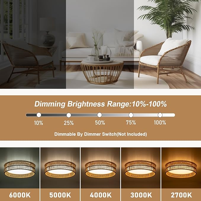 SineRise 12" Flush Mount Ceiling Light,25W LED Rattan Ceiling Light Fixture,Dimmable Handmade Boho Light Fixtures with Rattan,Farmhouse Lighting Fixtures Ceiling for Hallway Kitchen Bedroom(Gold)