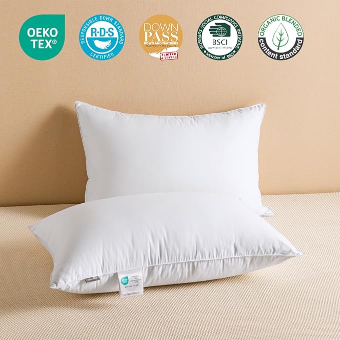 Goose Feather Down Pillows Queen Size Set of 2, Luxury Soft Feather Pillows for Sleeping, Smooth Down-Proof Fabric, Hotel Collection Bed Pillows Surround Fill Polyester (White, 20"x30")