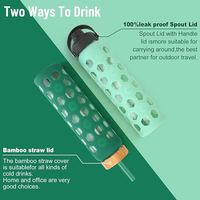 32oz Glass tumblers Water Bottles with Straw and 2 Lid