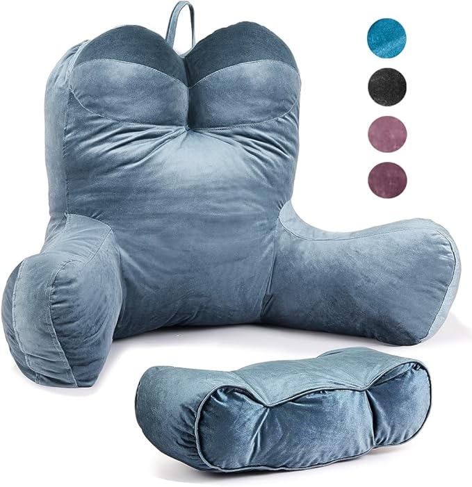 Reading Pillow 31”Wx21”H Back Pillow for Bed Sitting Up, Bed Pillow with Shredded Memory Foam with Arm Backrest, Back Support Pillow with Leg Pillow and Pocket for Reading/Gaming/Relaxing