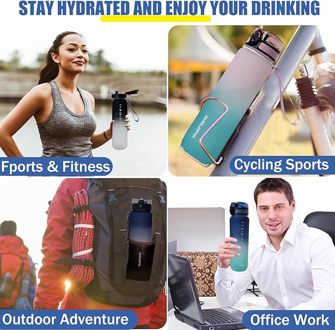 32oz/1L Water Bottle, Sports Water Bottle with Times to Drink & Lock Cover+Strainer,BPA-Free, Leakage Proof, Sports Drink Bottle for Bicycle, Outdoor, Gym, School, Reusable Daily (Pink-blue)
