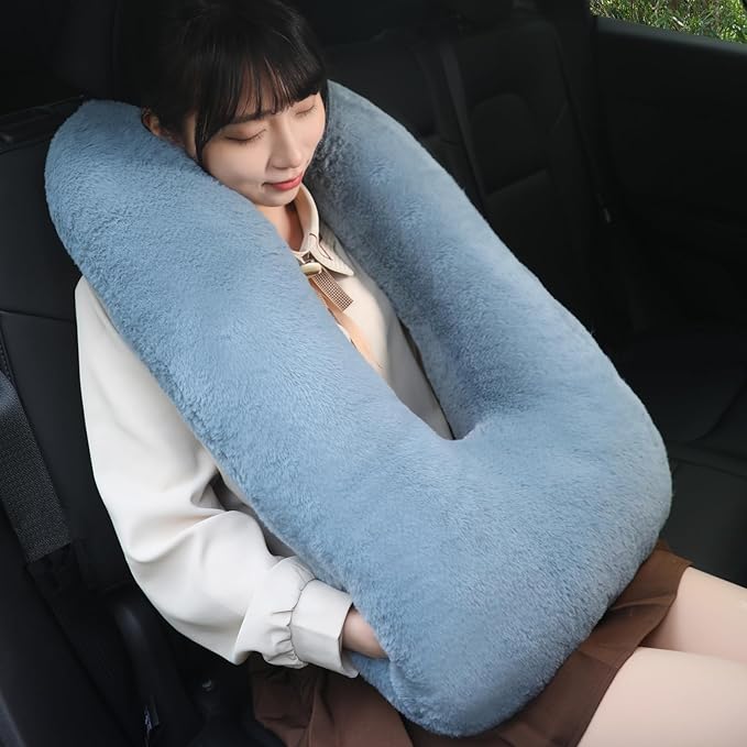 Kids Travel Pillow for Car Seat with Hand Muff, Cartoon Neck & Headrest Seat Belt Pillow for Car Road Trips Long-Distance Travel Sleeping Pillow for Adults and Children, Dark Gray
