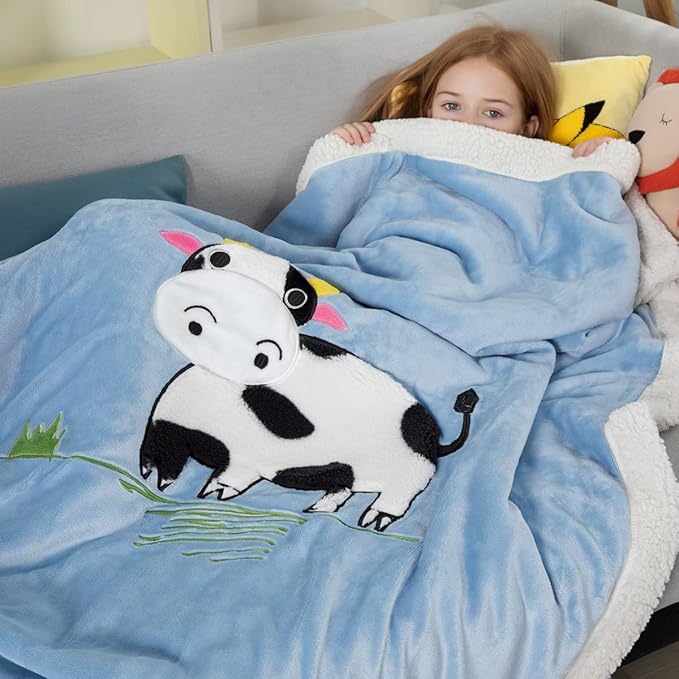 COSUSKET Kids Cow Throw Blanket, 3D Animal Embroidery Sherpa Blanket Girls Boys Gifts