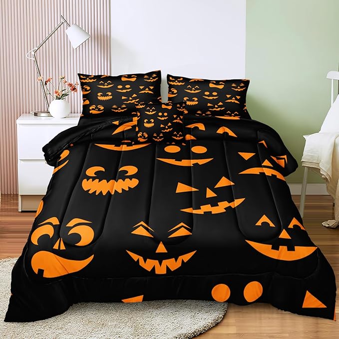Bedbay Halloween Queen Comforter Set Black Orange Ghost Bedding Set for Kids Boys 4 Pcs Soft and Breathable Comforter Halloween Room Decor(Orange,Queen)