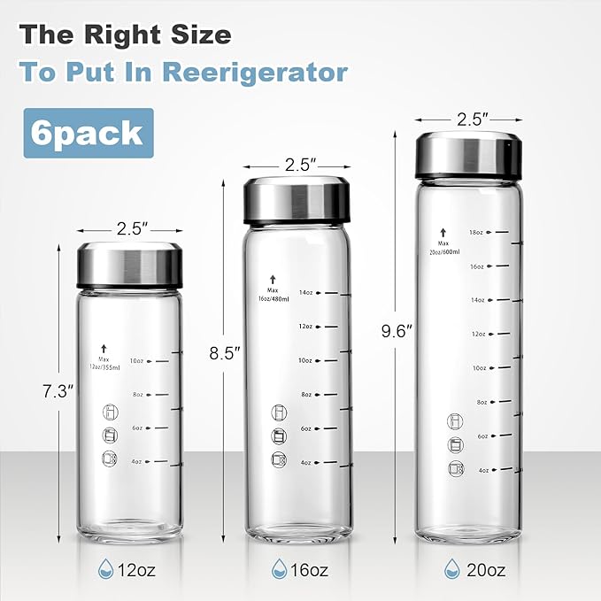 20oz Glass Juice Bottles - 6 Pack Wide Mouth Glass Bottles with Lids- BPA Free, Stainless Steel Lids for Juicing, Smoothies, Infused Water, Beverage Storage - Leakproof, Borosilicate, Clear