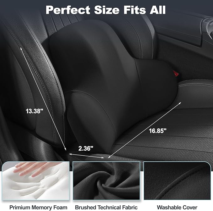Lumbar Support for Car - Back Support for Driving Seat Lower Back Pain Relief - Memory Foam Lumbar Pillow for Car/Office Chair - Back Cushion for Car-Ergonomic Streamline Soft Washable Cover-Black