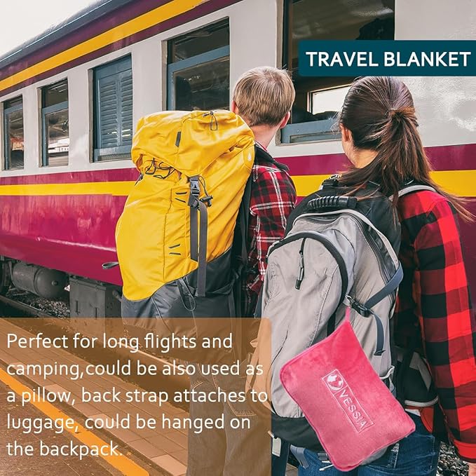 Vessia Travel Blanket for Airplane, Train and Car, Warm and Soft Travel Blanket and Pillow 2 in 1 for Adults and Kids, Portable Compact Long Flight Blanket with Luggage Sleeve, Backpack Clip(Hot Pink)