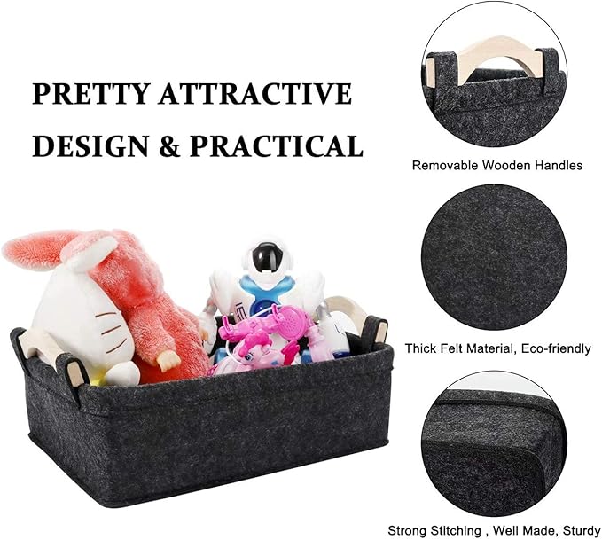 Small Storage Baskets Felt Rectangle Basket Storage Bins for DVD CD Record Cord Books Video Electronics Items Remote TV Cabinet Organizer with Handles