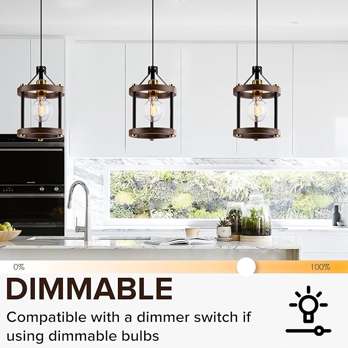 MO&OK Chandelier Vintage Pendant Light Fixture, Wood Color Farmhouse Wooden Metal Chandeliers, Open Frame Hanging Lighting for Diningroom,Bar, Entrance Hall, Kitchen Island H10.6 xD6.7-1 Light