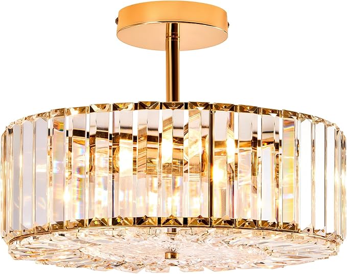 VONLUCE Crystal Light Fixture, Modern Semi Flush Mount Ceiling Light, 15" Round 4-Light Crystal Chandelier Hallway Lighting for Kitchen Bedroom Living Room Dining Room Entryway Closet, Gold