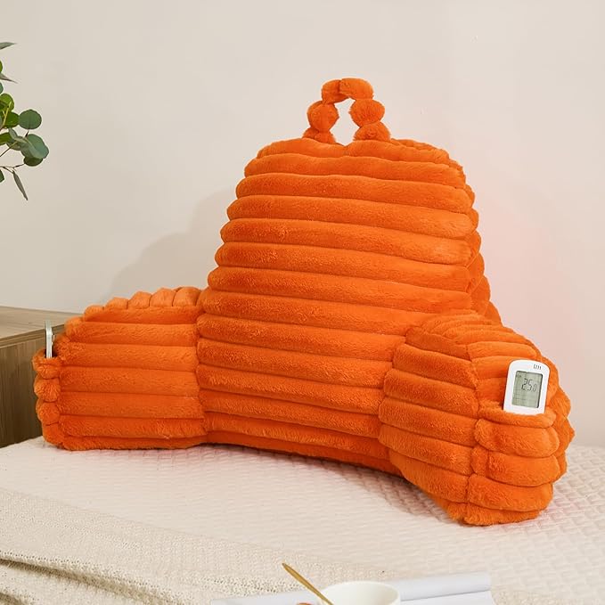 Faux Fur Fluffy Orange Reading Pillow with Pockets, Luxury Striped Plush Decorative, Arm Rests and Back Surport for Bed Rest, Lounging on sofa, Standard