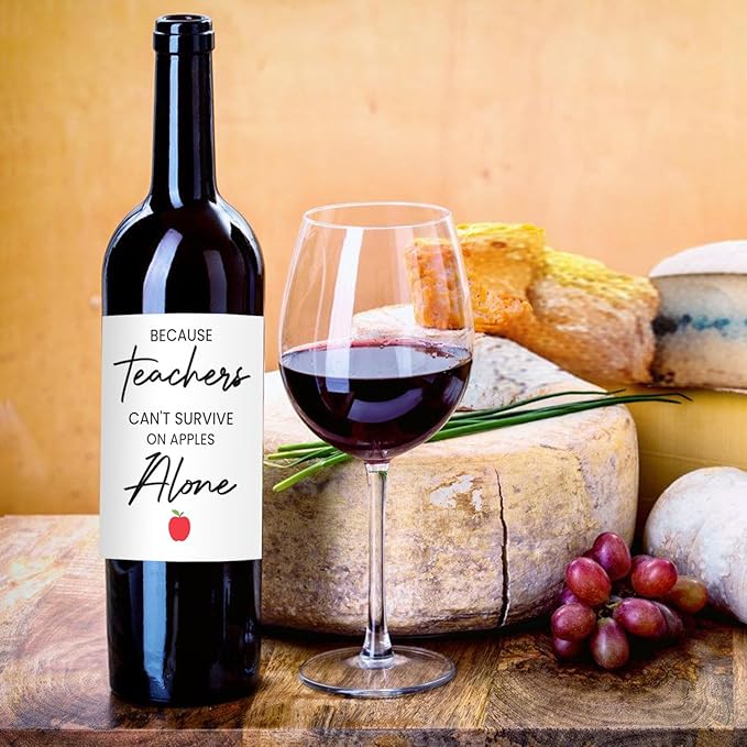 24Pcs Teachers Wine Labels, Teachers Gifts for Teachers, Teacher Retirement Appreciation Farewell Birthday Gifts, Because Teachers Can't Survive On Apples Alone Wine Bottle Stickers Labels