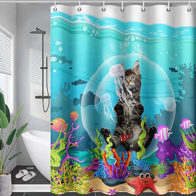 AILONEN Funny Cat Shower Curtain for Bathroom, Ocean Animal Print Shower Curtain, 36" W*72" H Waterproof Polyester Cat Lover Shower Curtain Decor Bathroom with Grommets and Hooks