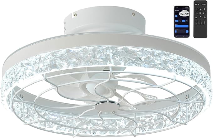 Flush Mount Ceiling Fans with Lights, Modern Low Profile Ceiling Fan with Dimmable LED Lights, Reversible Motor and Remote & App Control, Enclosed Design for Bedroom Doorway Laundry Room