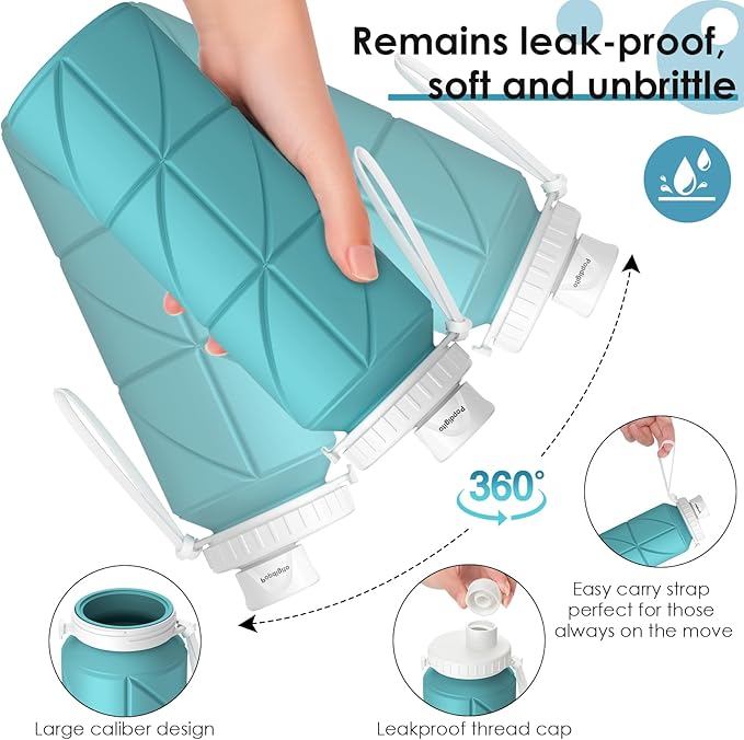 23oz Collapsible Silicone Water Bottle, BPA Free, Portable for Hiking, Travel, Camping, Yoga, Foldable, Leakproof, Lightweight, 690mL