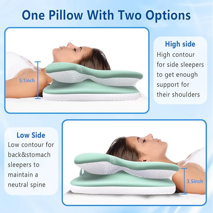 Cervical Pillow for Neck Back Pain Relief Memory Foam Contour Pillow Ergonomic Orthopedic Neck Pillow for Sleeping Cervical Support Pillow for Back Side Stomach Sleeper Cooling Pillowcase (Green)