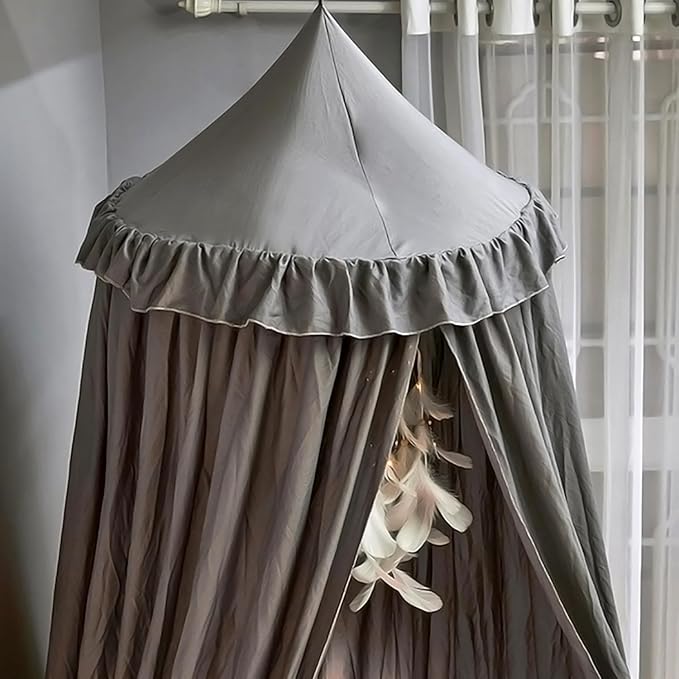 Upgrade Version of Canopy for Kids Bed, Extra Large Canopy for Girls Room Decoration Princess Castle Play Tent Hanging House, Dreamy Canopy for Children Room Reading Nook Canopies (Gray Ruffle)