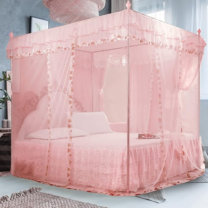 Luxury Princess 3 Side Openings Post Pink Bed Curtains,Four Corner Bedding Bed Canopy net for Bed Princess Bed Girls Room(No Bracket) (Pink)