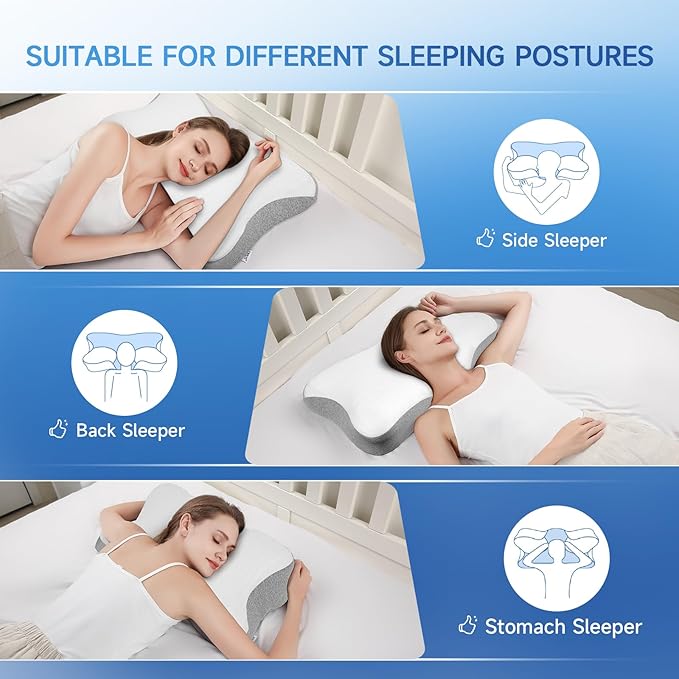 Cervical Pillow for Neck Pain Relief,Memory Foam Ergonomic Neck Support Pillow for Side Back&Stomach Sleepers with Pillowcase,Contour Best Bed Anti-Snoring Pillows for Sleeping-2Pack