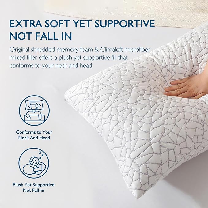 Dafinner Adjustable Shredded Memory Foam Pillow Standard/Queen Size - 100% Removable Cover from Bamboo Derived Rayon, Cooling Medium Bed Pillow for Side Stomach & Back Sleepers - Pack of 1, 20"x28"