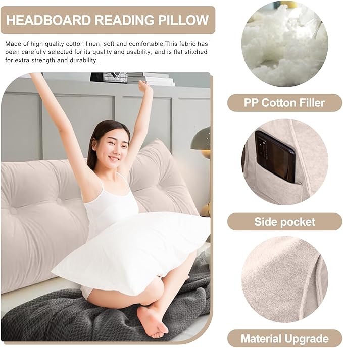 Large Triangular Headboard Pillows Long Backrest Positioning Support Bolster Cushion for Daybed Fluffy Quality Plush Body Wedge Pillow with Removable Cover(White-Queen-59x8x20in)