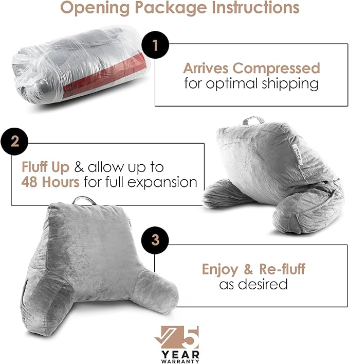 Nestl Reading Pillow for Kids, Small Bed Pillow, Back Pillow for Sitting in Bed, Memory Foam Chair Pillow, Reading & Bed Rest Pillows, Light Grey Back Pillow for Bed, Arm Pillow with Pockets