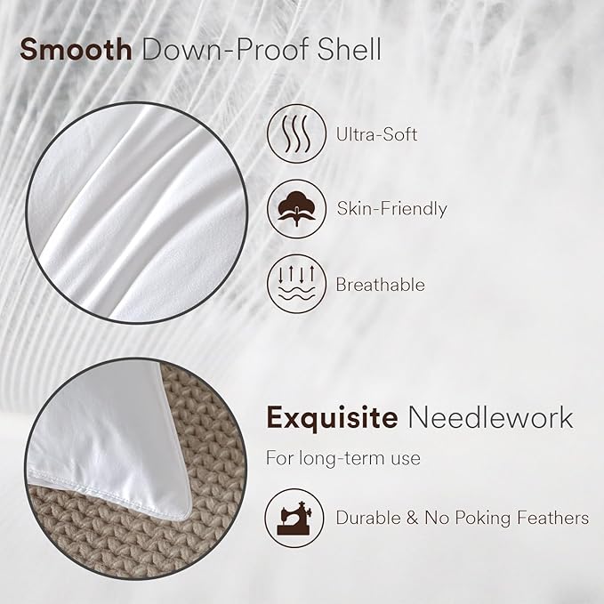 Goose Feather Down Pillow Standard Size, Luxury Soft Feather Pillow for Sleeping, Smooth Down-Proof Fabric, Hotel Collection Bed Pillow Surround Fill Polyester (White, 20"x26")