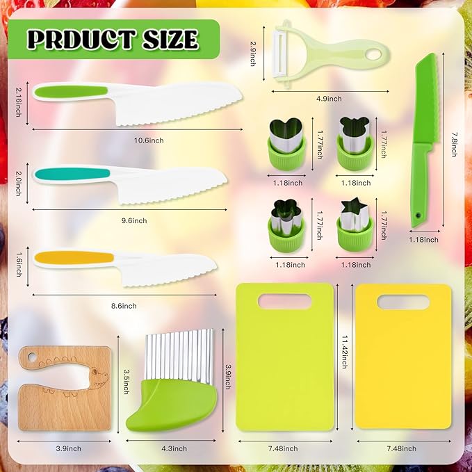 Montessori Kids Knives for Real Cooking, 13 Pieces Wooden Kids Kitchen Knife Set Include 4 Serrated Edges Plastic Toddler Knife,Crinkle Cutter Y Peeler Cutting Boards and Wood Toddler Safe Knife