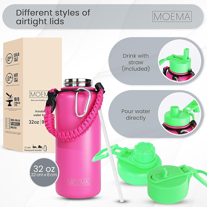 32oz Insulated Water Bottle with Paracord Handle and Straw, Stainless Steel Cup with 2 Lids & Straw, BPA-Free, Thermo Bottle Double Wall Vacuum Insulation, for Gym, Sports (Glamour Pink)