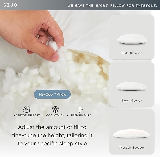 Sijo Premium Adjustable Bed Pillow, Lasting Cooling Surface, Shredded Memory Foam Pillows, Medium Firm, Perfect for Back, Side and Stomach Sleeper (Queen)