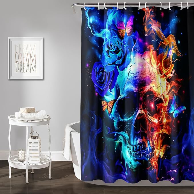 AILONEN Sugar Skull Shower Curtain,Blue Rose Flower Skull Bath Curtain,3D Printed Fire Skull Waterproof Curtain,Galaxy Butterfly Shower Curtain for Bathroom 72" W x 96" H