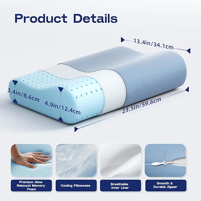 Cooling Cervical Neck Pillow for Sleeping - Contoured Memory Foam Pillow with 2 Heights - Ergonomic Sleep Pillow for Side Sleepers, Back Sleeping, Stomach Sleepers (Light Steel Blue)