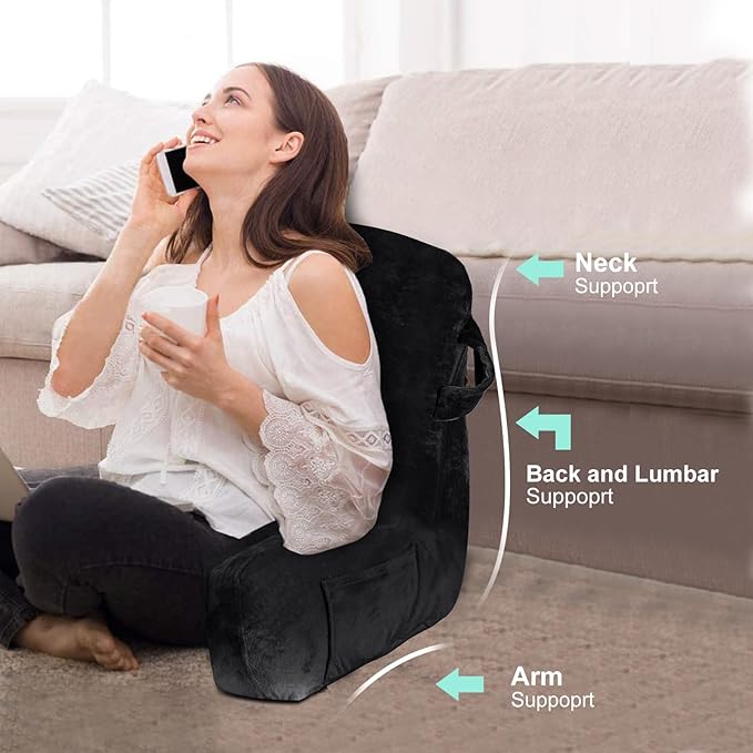 SLIGUY Reading Pillow Standard Bed Pillow for Sitting in Bed Couch or Floor-Backrest with Arms Support and Pockets, Adult Back Pillow Bed Chair for Bed Rest, Reading, Watching TV, Gaming, Black