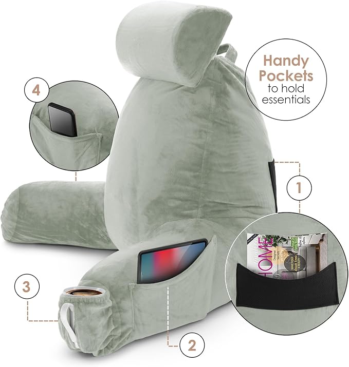 Nestl Reading Pillow Large Bed Pillow, Back Pillow for Sitting in Bed Shredded Memory Foam Chair Pillow, Reading & Bed Rest Pillows Sage Green Back Pillow for Bed, Bed Chair Arm Pillow with Pockets