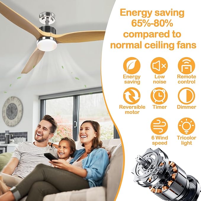 Ceiling Fan with Lights， 52" ，with Remote Control，2 Poles，LED Dimmable，Reversible DC Motors, Timer Noiseless，Bedroom Living Room Indoor&Outdoor，Very Energy Conservation