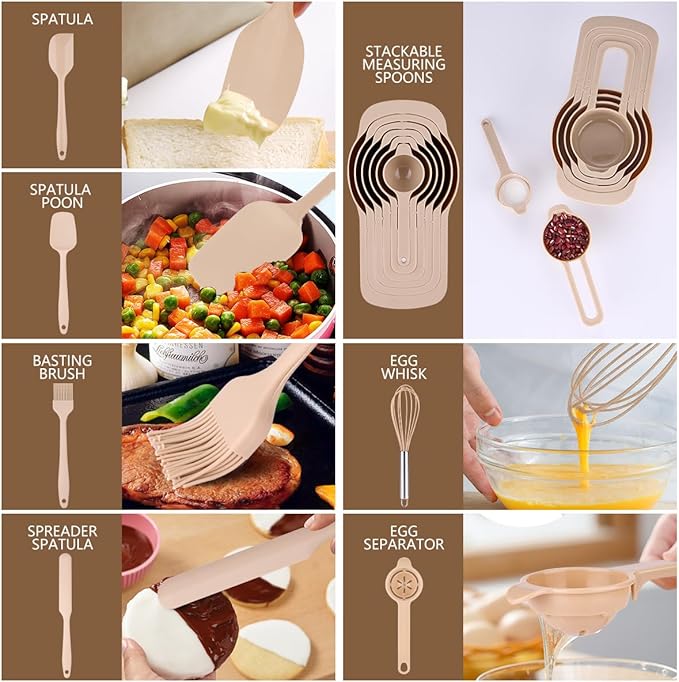 Mixing Bowls with Lids set - 26 PCS Stainless Steel Nesting Khaki Mixing Bowls Set for Baking,Mixing,Serving & Prepping,Size 5, 3.7, 2.8, 2.3, 1.7, 1.1, 0.7QT,12 Cooking Utensils