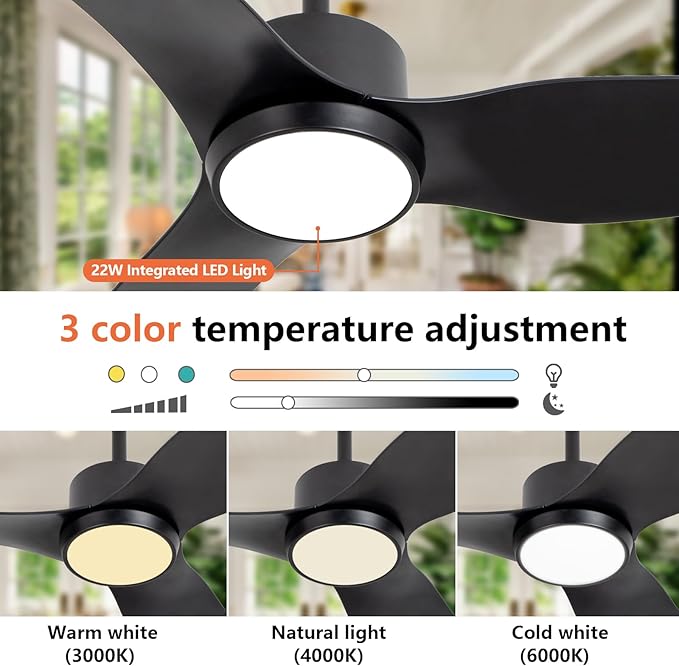 Black Ceiling Fan with Light Remote 52in 6Speed Silent Reversible Motor 3CCT Dimmable LED Adjustable Height Timer Memory Function Modern ABS Blades Vacation Mode flush Mount Indoor Outdoor Use