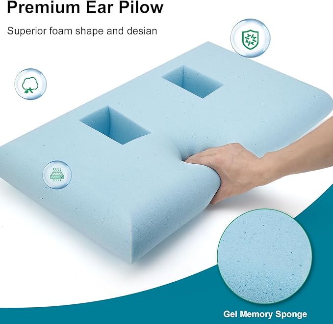 Ear Piercing Pillow with 2 Holes for Ear Pain CNH Side Sleepers, Adjustable Memory Foam Ear Pillow for Ear Discomfor, Earrings, Noise-Canceling Earplugs, Headphones, Enjoy Sound Sleep