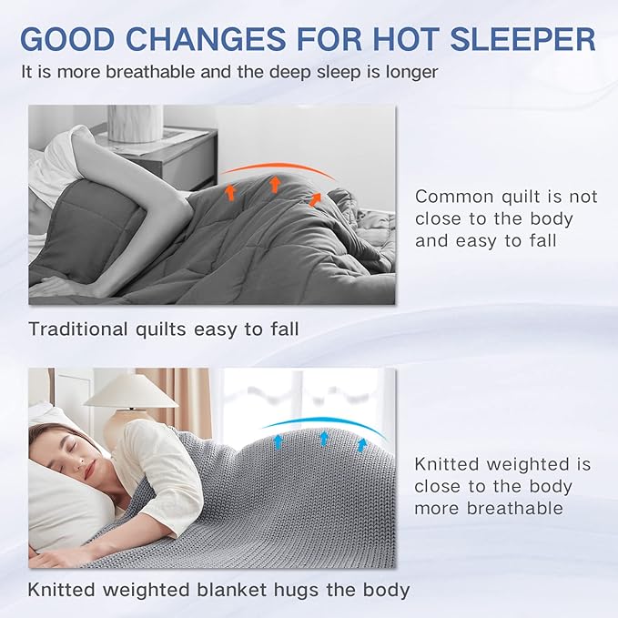 Knitted Weighted Blanket(Light Grey 60"x80" 15lbs),Home Décor Cooling Throw Blanket for Hot Sleepers,Hand Made Chunky Knit Heavy Blanket for Adults Use on Queen/King Size Bed