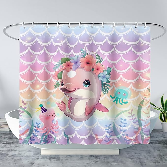 AILONEN Cute Dolphin Shower Curtain,Beautiful Sea World Theme Bath Curtain Cloth Fabric Bathroom 72" W*72" H Inch,12 Pack Hooks for Kids Child Cute Pink Dolphin Sea Animal Bathroom Curtain