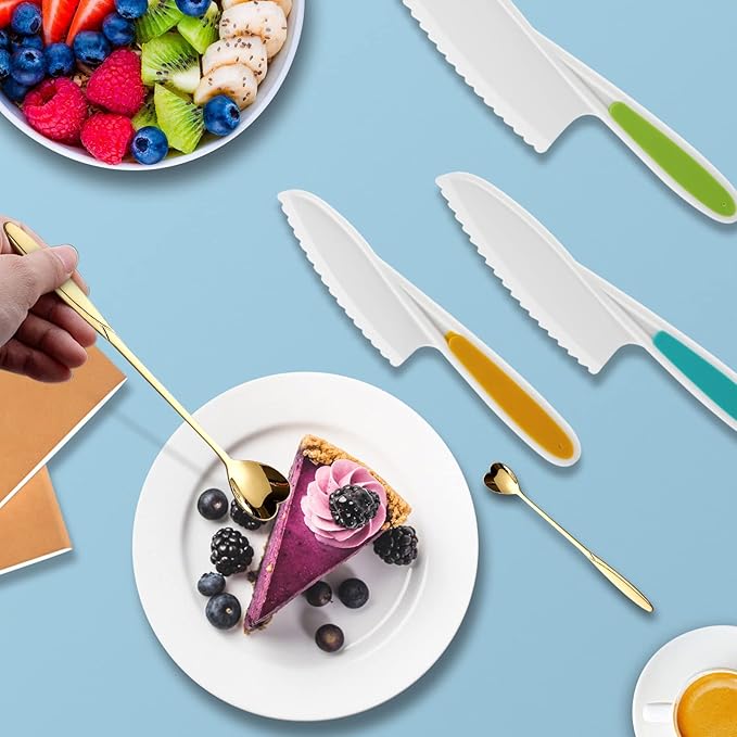 Childrens Knife Set, Kids Children Knives Safe Cooking Firm In 3 Sizes Colors Real Fit Beginners Nylon Fruit Sandwich Salads Vegetables Cakes Kid Friendly Sturdy Love Spoon 4Pack