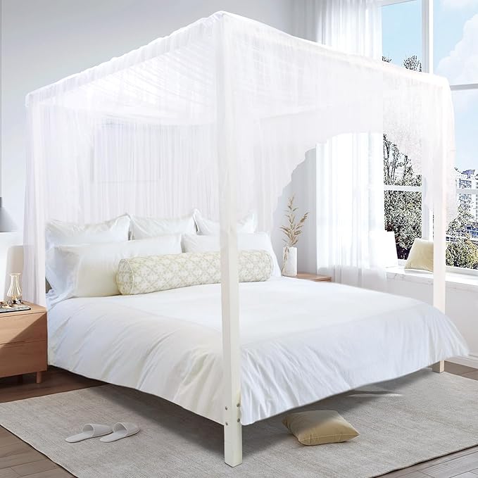 South to East White Canopy Bed Curtains, 4 Corner Post Bed Canopy, Top Elegant Bed Drapes for Bedroom Decor, 75D Polyester Mesh, Easy Install, Bed Curtain for King/Queen/Full Size
