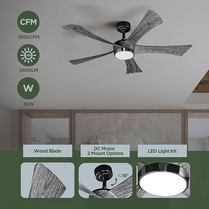 Ceiling Fan With Light Remote: 52 Inch Modern Bedroom Fans with Dimmable Tri-Color Temperatures LED - Water Transfer Printing 5 Blades