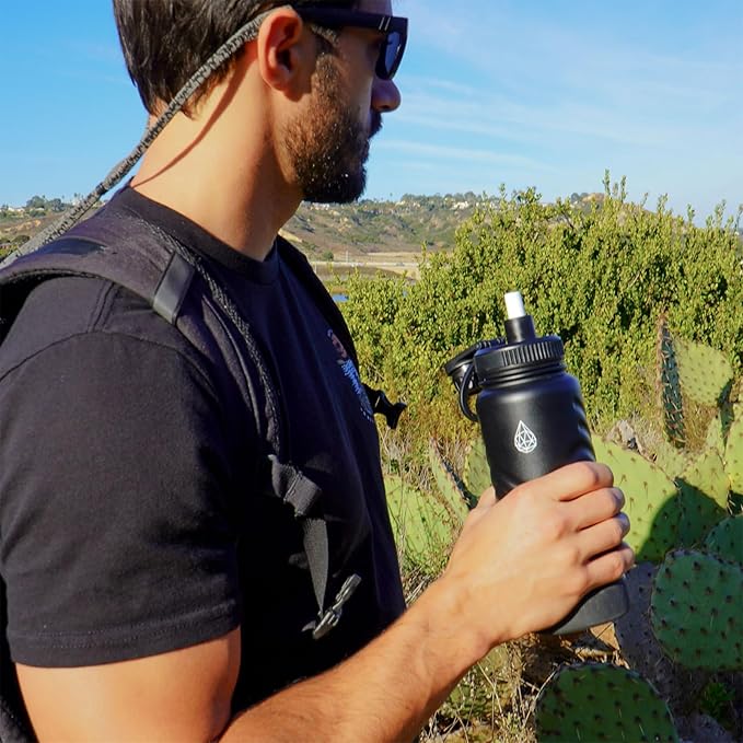 24 oz Insulated Water Bottle - Gray Water Bottle with Straw (Straw Lid & Spout Lid) & Silicone Handle & Boot - Wide Mouth Stainless Steel Water Bottles - BPA Free - (Gray, 750ml)