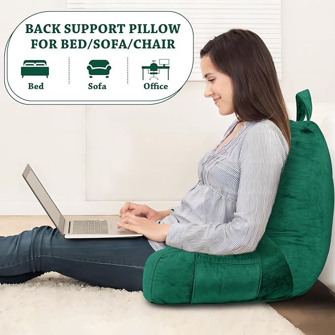 LOVTEX Reading Pillow with Removable Cover, Back Pillow for Sitting Up in Bed with Arms and Pockets, Bed Rest Pillow Adult, 20 x 15 Inches(Emerald Green)
