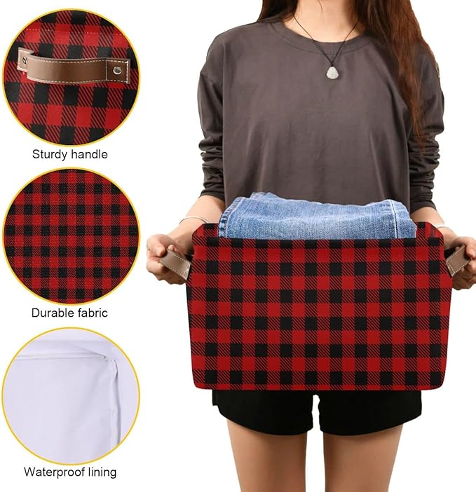 Christmas Red Buffalo Plaid Storage Basket Fabric Laundry Baskets Winter Holiday Decorations Storage Boxes Organizer Bag for Baby Cloth Dog Toy Book Storage Cubes Shelf Closet Bins 16×12×8 Inches