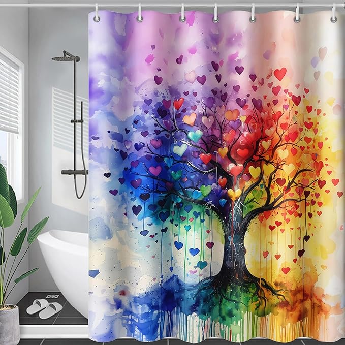 AILONEN Tree of Life Shower Curtain for Bathroom,Watercolor Hearts Tree Printed Waterproof Bath Curtain,Colorful Tree Leaves of Life Abstract Boho Shower Curtain 60" W x 72" H
